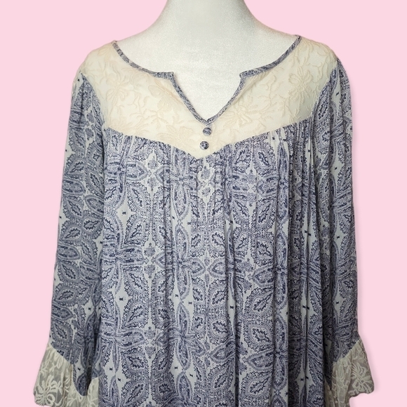 Embroidered Ivory Lace Bell Sleeve Paisley Boho Long Sleeve Dress with Pockets L - Picture 3 of 6